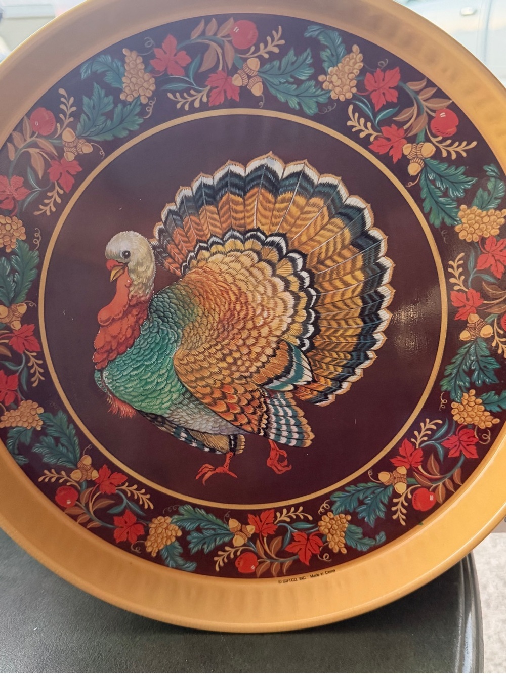 1992 Gibson Thanksgiving Turkey Serving Tray - Colorful Harvest Design